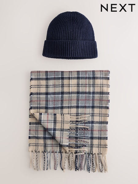 Navy Blue / Blue Check Scarf And Beanie Set (W23548) | £26