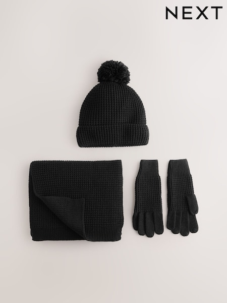 Black Bobble Hat, Scarf And Gloves Set 3 Piece (W23549) | £36