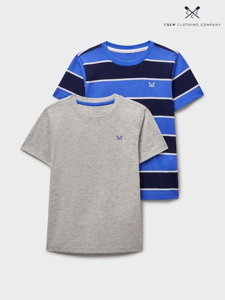 Crew Clothing Blue Stripe And Plain Classic 100% Cotton T-Shirts 2 Pack (W23609) | £4
