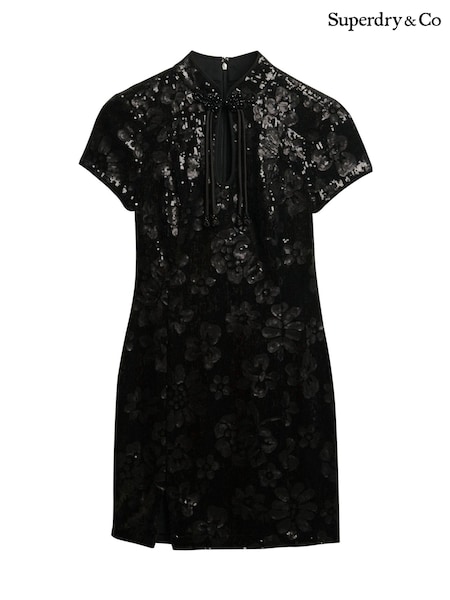 Superdry Black Mandarin Sequin Midi Dress (W23798) | £85