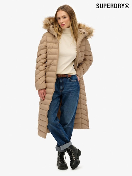 Superdry Brown Fuji Faux Fur Hooded Longline Coat (W23822) | £120
