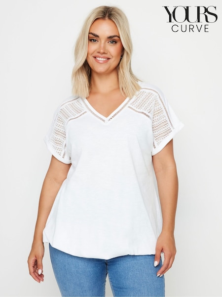 Yours Curve White Grown On Bubble Hem Crochet 100% Cotton Blouses (W23962) | £22