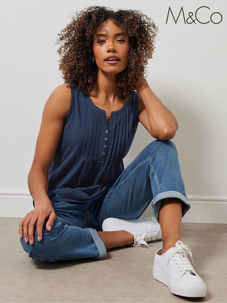 M&Co Blue Sleeveless 100% Cotton Henley Vest (W23979) | £20