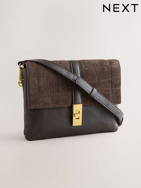 Chocolate Brown Leather Croc Effect Cross-Body Bag (W23988) | £42