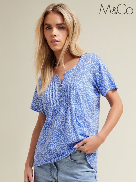 M&Co Blue Petite Short Sleeve 100% Cotton Henley Top (W24017) | £21