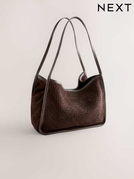 Chocolate Brown Leather Weave Shoulder Bag (W24044) | £98