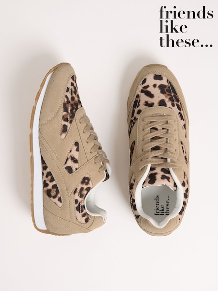 Friends Like These Neutral Leopard Panel Runner Retro Lace-Up Sports Casual Trainers (W24175) | £39