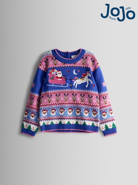 JoJo Maman Bébé Blue Santa & Unicorn Fairisle Jumper (W24211) | £32 - £38