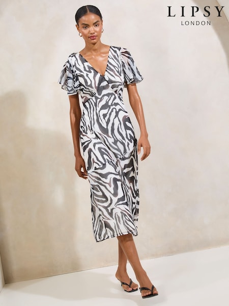 Lipsy Zebra Printed Chiffon Flutter Sleeve Woven Midi Dress (W24252) | £54