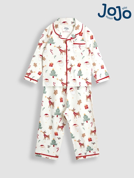 JoJo Maman Bébé Cream Christmas Print Jersey Collar Pyjamas (W24287) | £23
