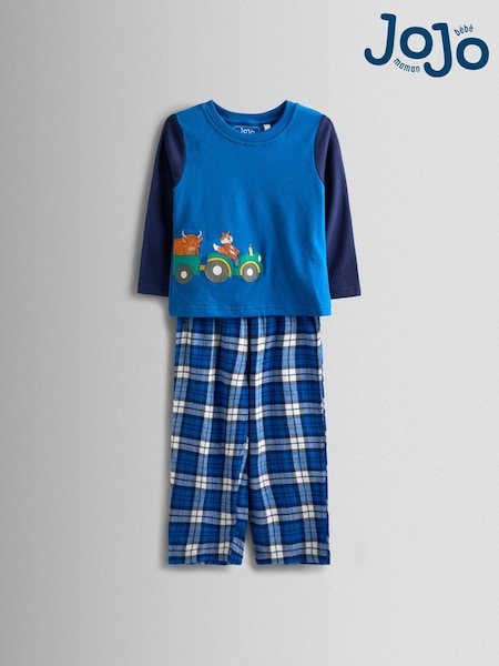 JoJo Maman Bébé Blue Tractor Dinosaur Character Cosy Jersey Pyjamas (W24293) | £22