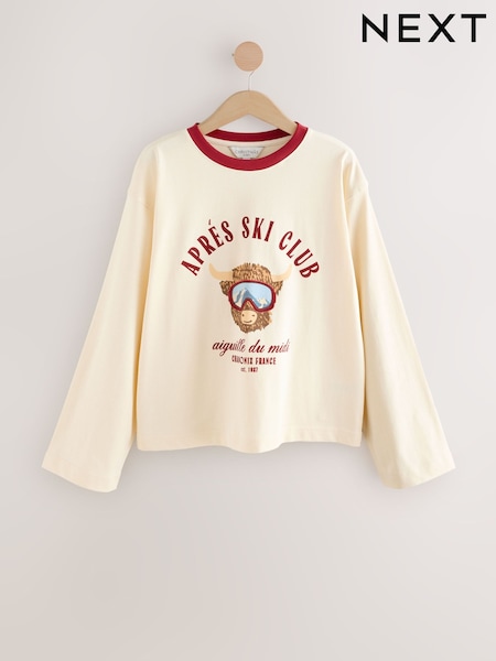 Ecru and Burgundy Red Hamish Skiing Christmas Graphic Printed Top (W24304) | £20