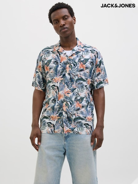 JACK & JONES White Tropical Print Short Sleeve Resort Shirt (W24330) | £28