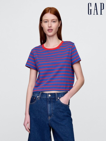 Gap Blue & Red Cotton VintageSoft Cropped Striped T-Shirt (W24376) | £18