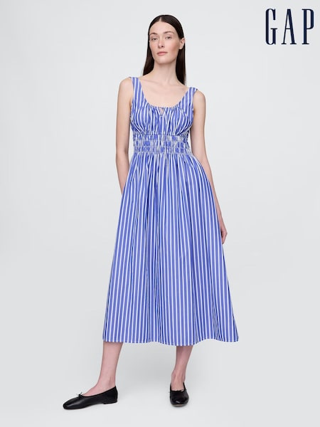 Gap Blue Stripe Poplin Smocked Midi Dress (W24388) | £75