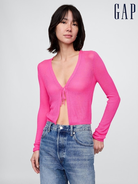 Gap Pink Sheer Rib Cropped Tie-Front Cardigan (W24413) | £40