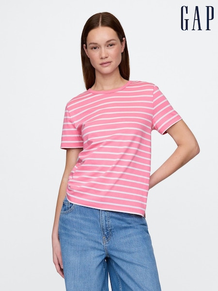 Gap Pink/White Stripe Crew Neck Vintage Short Sleeve T-Shirt (W24426) | £20