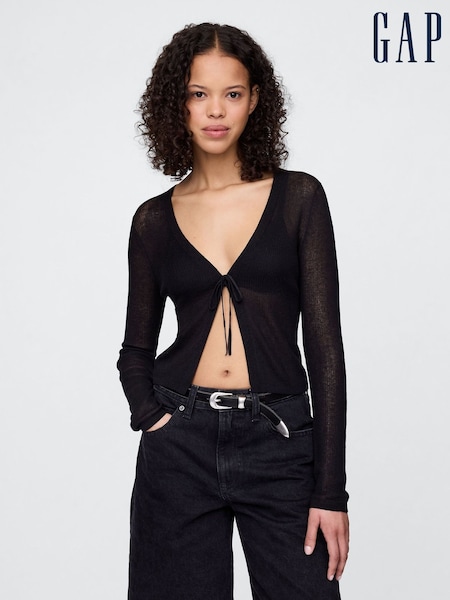 Gap Black Sheer Rib Cropped Tie-Front Cardigan (W24465) | £40