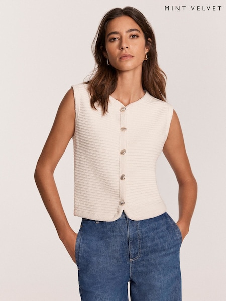 Mint Velvet White Ribbed Button Waistcoat (W24483) | £89