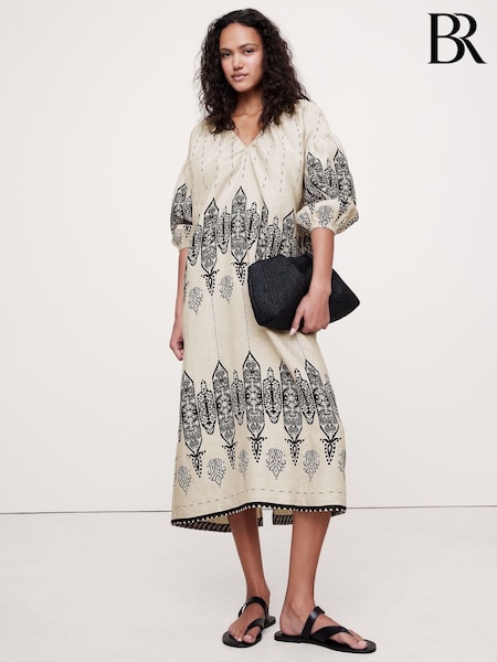 Banana Republic Black/Neutral Linen V Neck Maxi Dress (W24681) | £185
