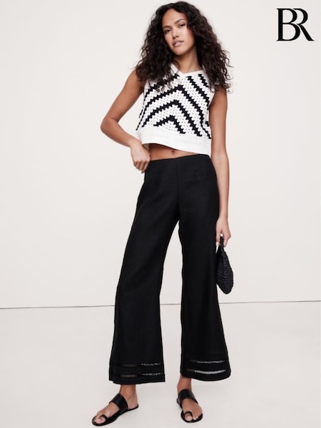 Banana Republic Black 100% Linen Mid-Rise Lace-Trim Ankle Trousers (W24685) | £95