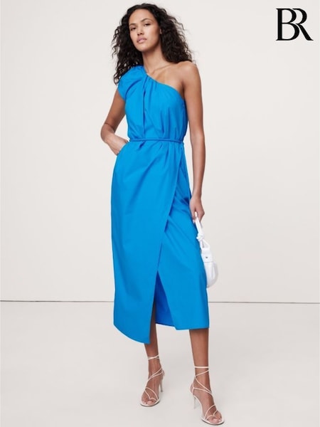 Banana Republic Blue Ruched Cotton Poplin One-Shoulder Maxi Dress (W24692) | £105