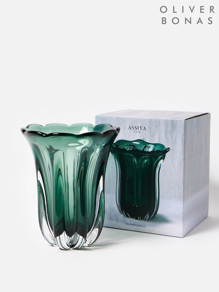 Oliver Bonas Green Assiya Wide Fluted Glass Vase (W24728) | £35