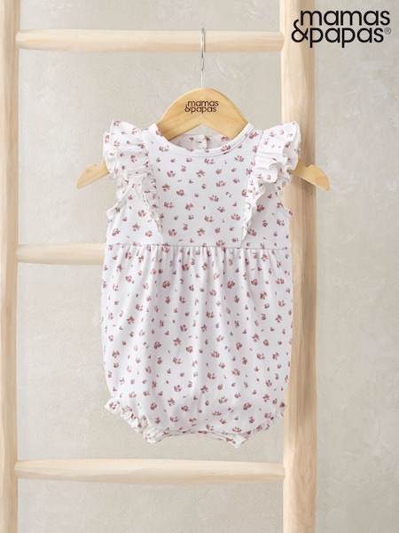 Mamas & Papas Ditsy Rose Print Frill Detail Wrap 100% Cotton White Sleepsuit (W24759) | £20