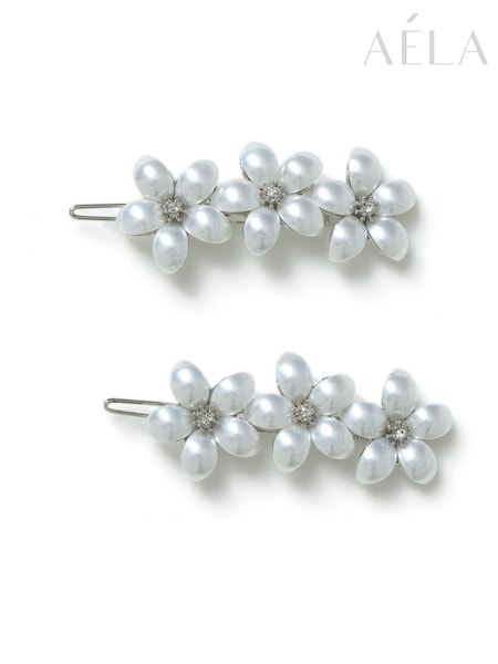 Aela Silver Tone Flower Pearl Effect Hair Clips (W24834) | £14