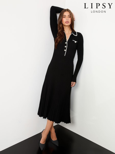 Lipsy Monochrome Tipped Collared Knitted Midi Dress (W24858) | £64