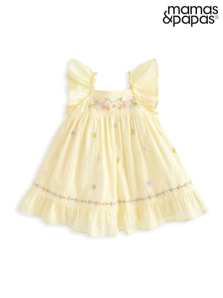 Mamas & Papas Yellow 100% Cotton Frill Embroidered Dress (W24876) | £30