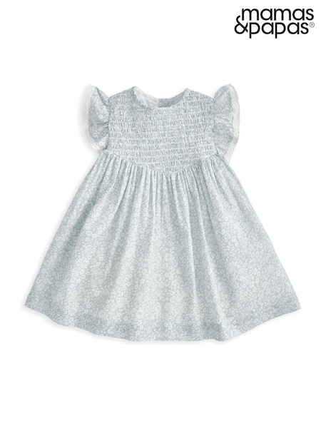 Mamas & Papas Blue 100% Cotton Floral Print Frill Sleeve Dress (W24881) | £29