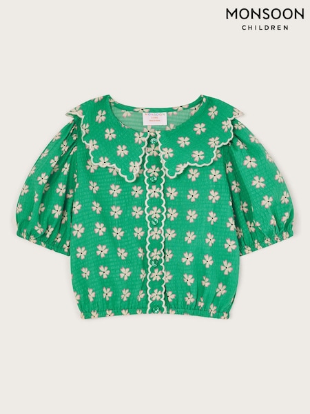 Monsoon Green Floral Print Puff Sleeve Collared Blouse (W24965) | £20 - £24