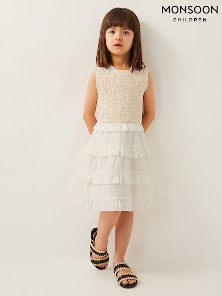 Monsoon Natural 100% Cotton Crochet Yoke Ruffle Dress (W24974) | £40 - £45
