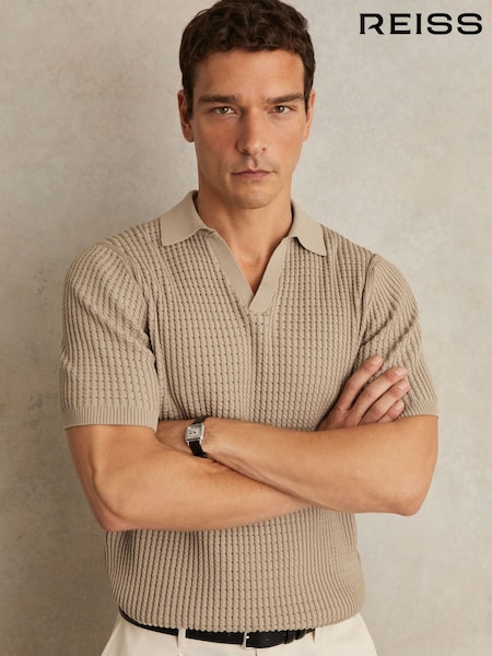 Reiss Light Camel Brown Merit Micro-Cable Open-Collar Cotton-Blend Shirt (W24982) | £120
