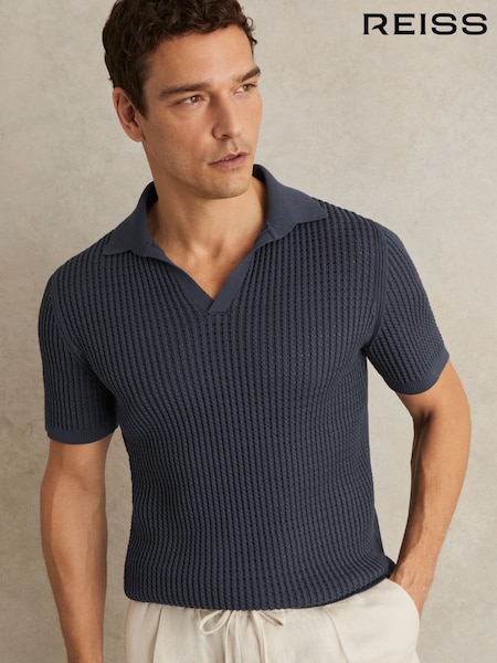 Reiss Dark Airforce Blue Merit Micro-Cable Open-Collar Cotton-Blend Shirt (W24985) | £120