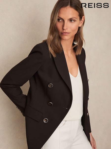 Reiss Chocolate Brown Lia Wool-Blend Double-Breasted Blazer (W25013) | £298