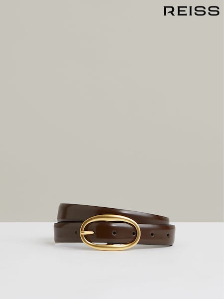 Reiss Chocolate Drew Patent Leather Oval Buckle Belt (W25021) | £58