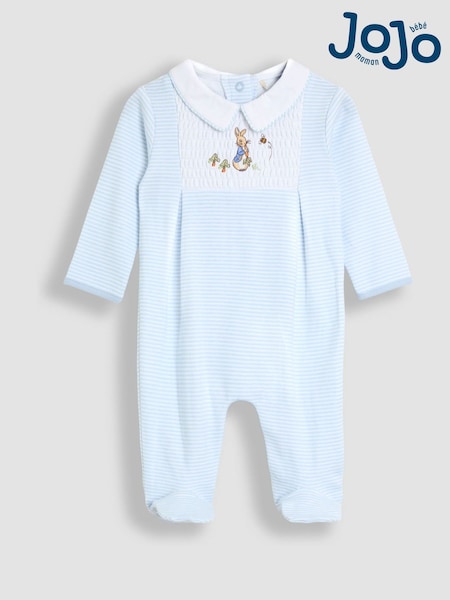 JoJo Maman Bébé Blue Embroidered Smocked Footed Sleepsuit (W25116) | £26