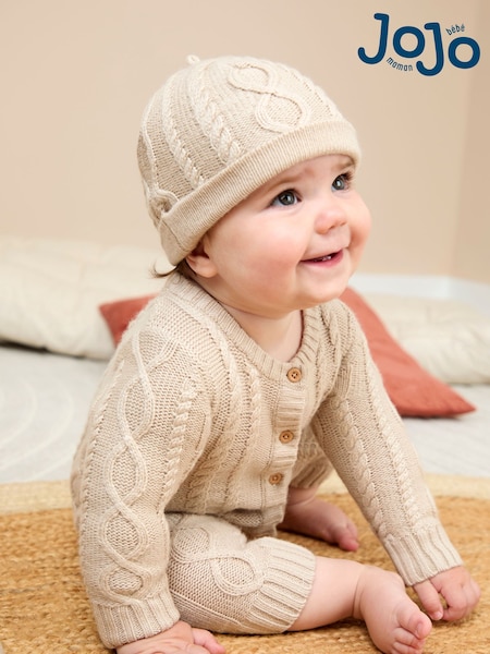 JoJo Maman Bébé Natural Cable Knit All-In-One With Hat (W25136) | £34 - £36