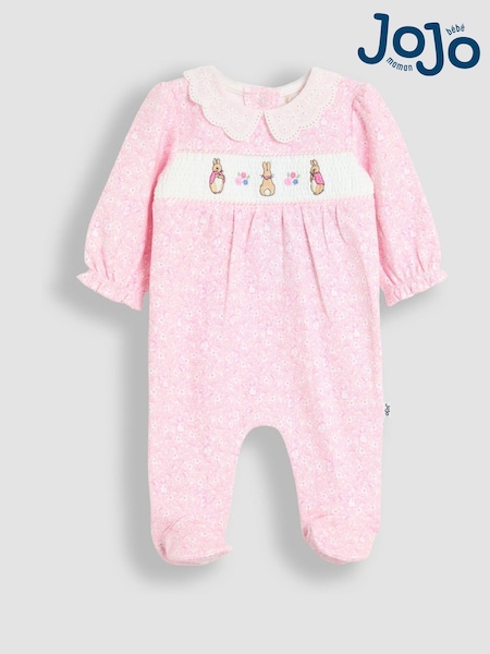 JoJo Maman Bébé Pink Smocked Collared Sleepsuit (W25140) | £26