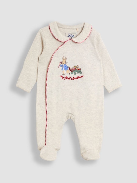 JoJo Maman Bébé Natural Peter Rabbit My First Christmas Footed Sleepsuit (W25164) | £24