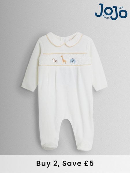 JoJo Maman Bébé Cream Safari Smocked Velour Footed All- In- One (W25181) | £24