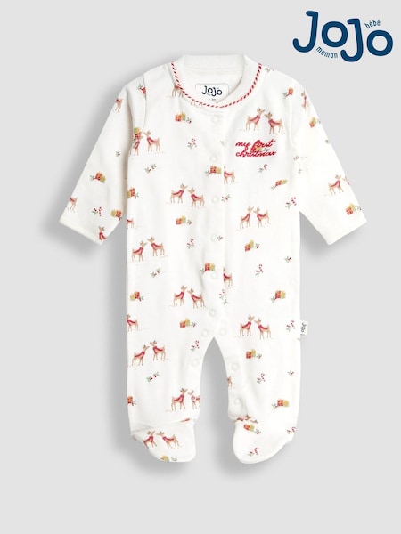JoJo Maman Bébé Cream Raindeer Christmas Printed Footed Sleepsuit (W25201) | £21