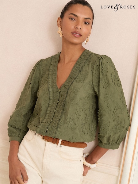 Love & Roses Khaki/Green 3D Floral 3/4 Sleeve V-Neckline Blouse (W25242) | £44