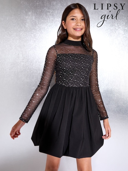 Lipsy Black Glitter Mesh 2-in-1 Bubble Hem Party Dress (5-16yrs) (W25244) | £37 - £45
