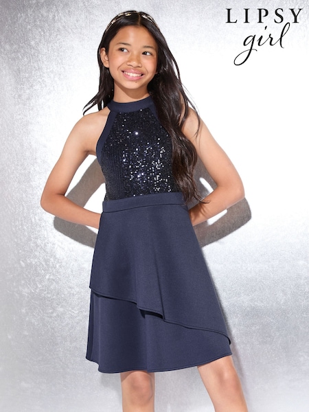 Lipsy Navy Blue Sequin 2-in-1 Party Dress (5-16yrs) (W25245) | £42 - £50