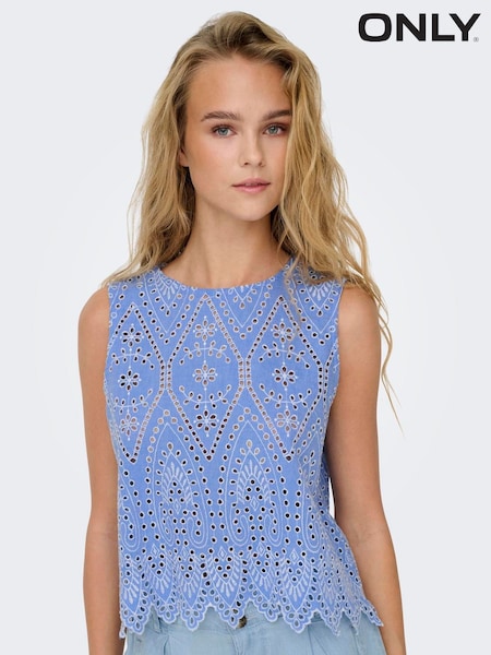 ONLY Blue Broderie Edge 100% Cotton Blouse (W25350) | £32