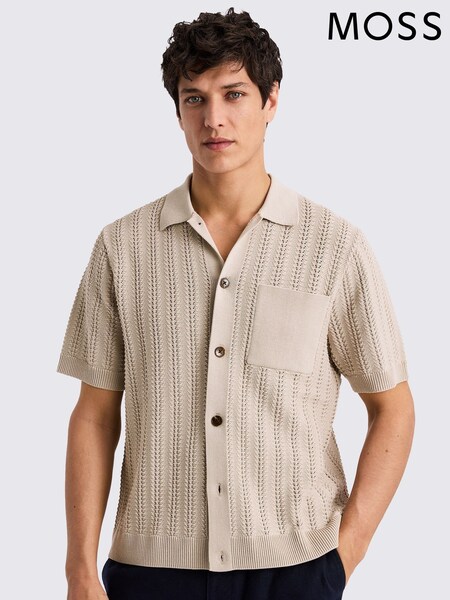 MOSS Natural Short Sleeve Neutral Chevron Pointelle Knitted Shirt (W25371) | £80