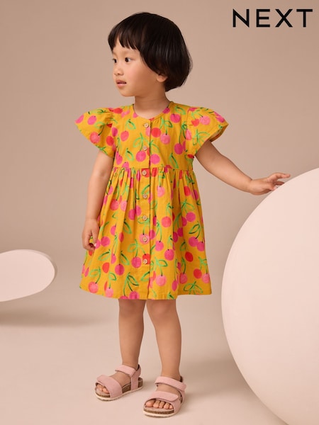 Ochre Yellow Cherry Print Button Up Summer Dress (3mths-10yrs) (W25417) | £11 - £14